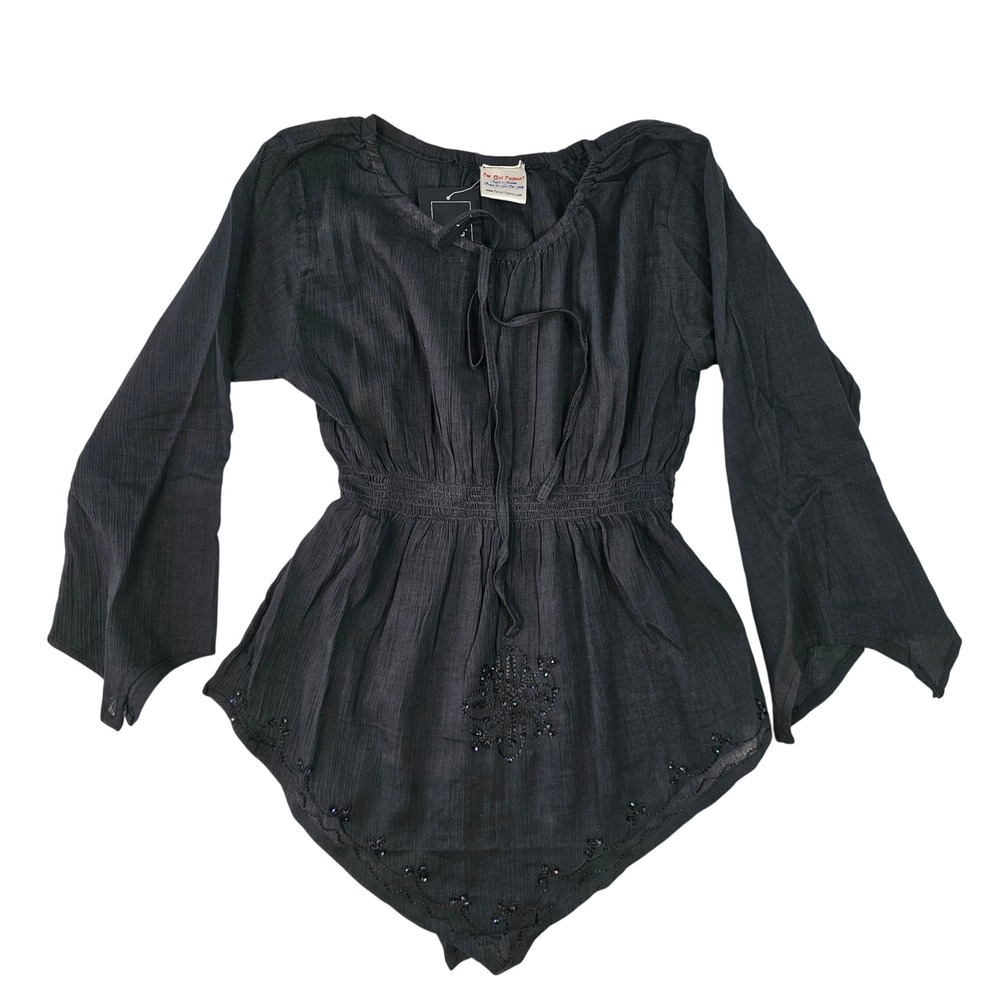 Far Out Fashion Black Cotton Beaded Peasant Blouse Smocked Bell Sleeve‎ Top M